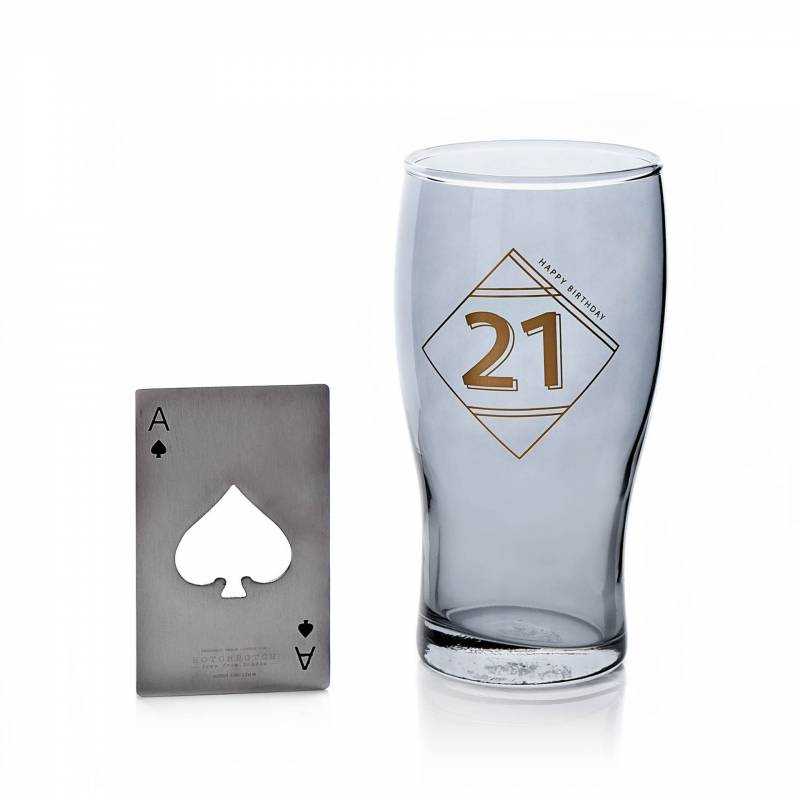 21st Birthday Pint Glass and Ace Bottle Opener