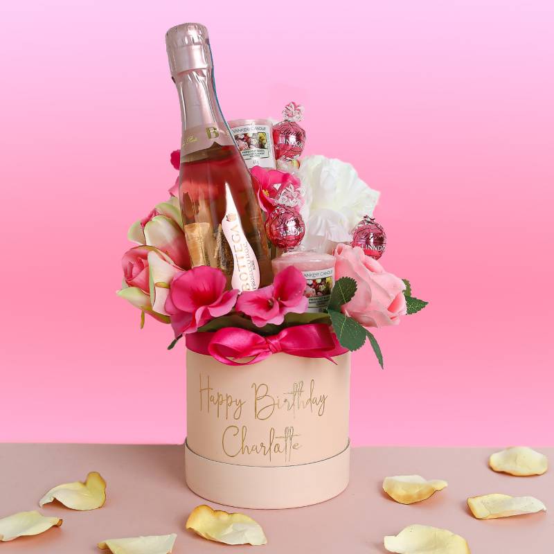 Personalised Happy Birthday Pink Prosecco, Yankee Candle and Lindor Hat Box Bouquet