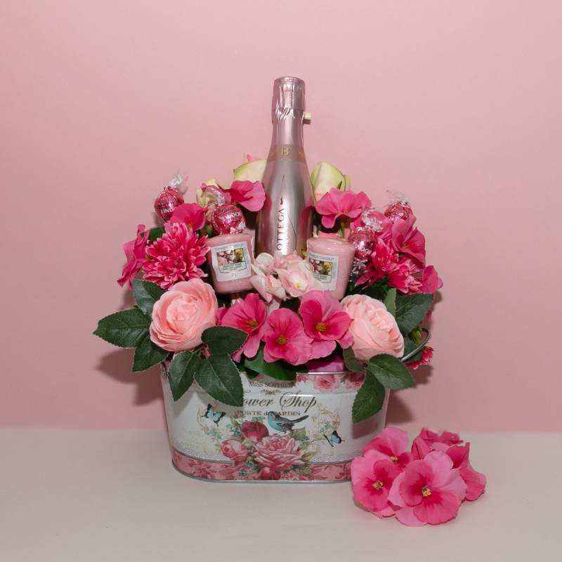 Pink Prosecco Metal Planter Bouquet