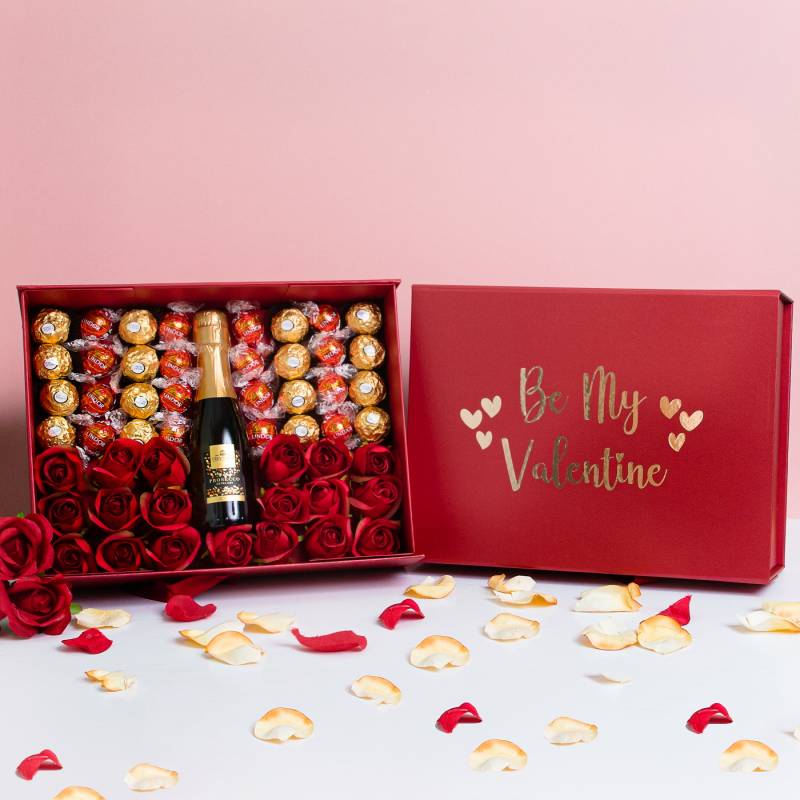 Be My Valentine Luxury Prosecco Hamper with Red Roses and Chocolates