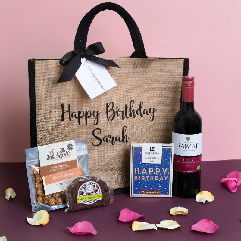 Personalised Happy Birthday Red Wine Treats Jute Bag