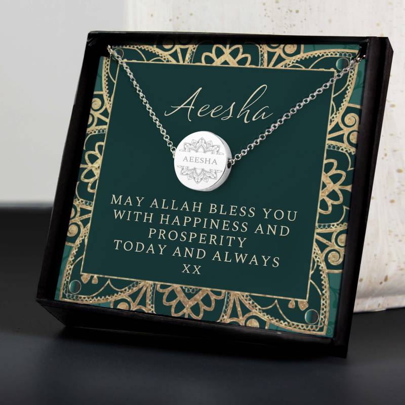 Personalised Sentiment Eid Moon & Star Sterling Silver Necklace and Box