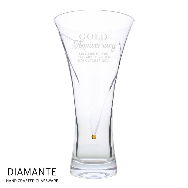 Personalised Gold Anniversary Large Hand Cut Diamante Heart Vase with Swarovski Elements