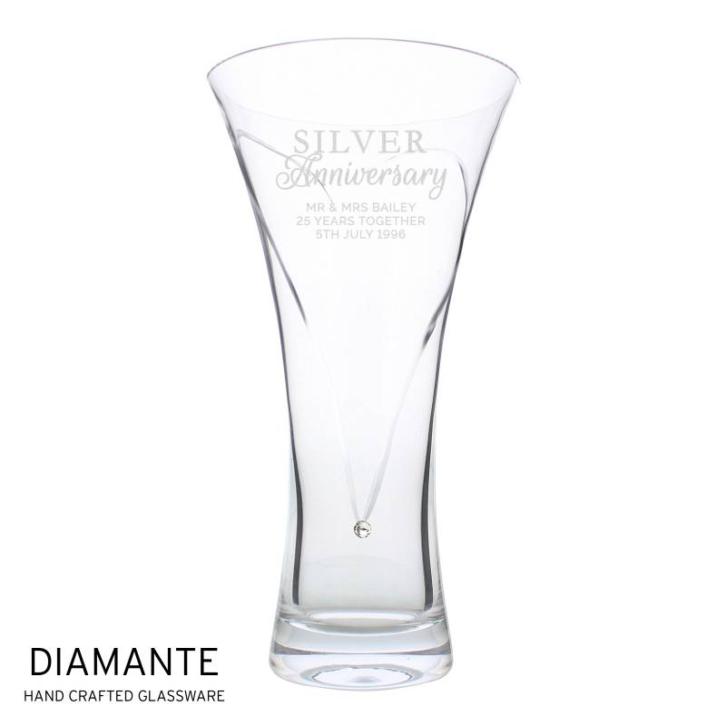 Personalised Silver Anniversary Large Hand Cut Diamante Heart Vase with Swarovski Elements